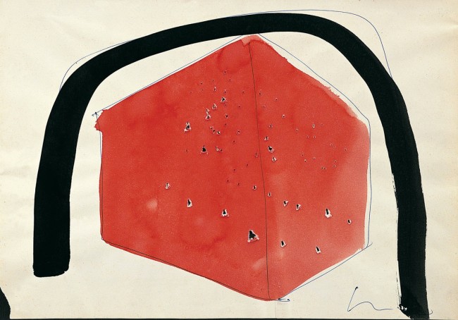 Lucio Fontana, Ambiente spaziale, 1960, penna a sfera blu, buchi, china nera e rossa su carta, 22.2x32 cm