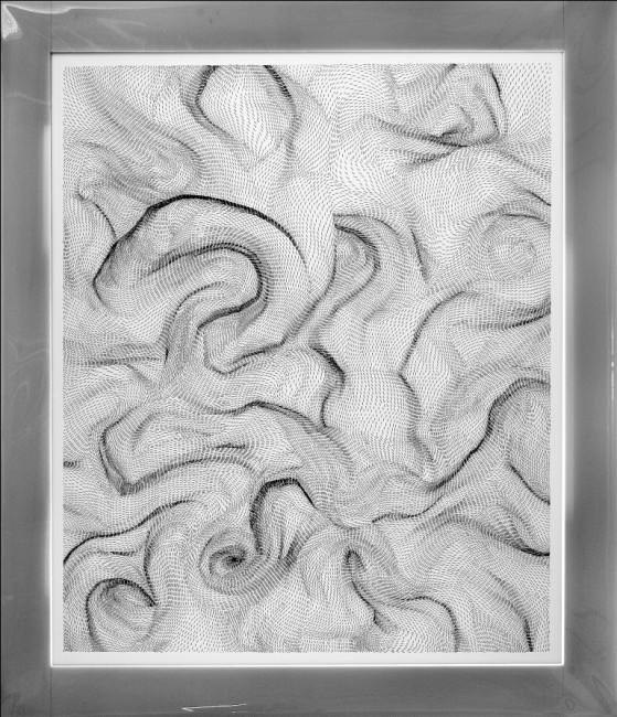Dadamaino, Il movimento delle cose-Passo dopo passo, 1989-90, mordente su poliestere, 116x100 cm