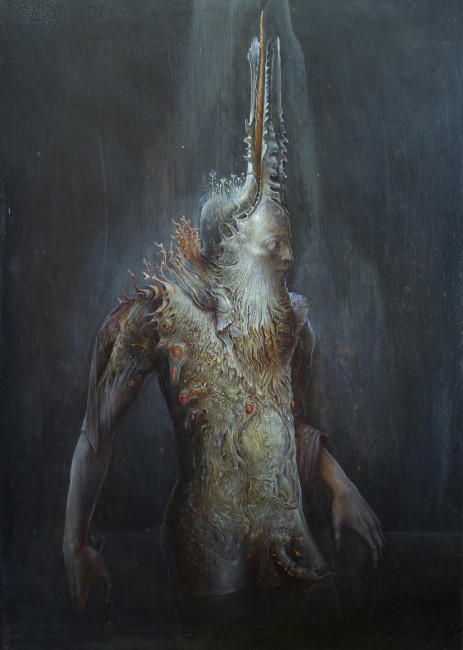Agostino Arrivabene, L'uomo salamandra, 2014, olio su legno, 50x35 cm