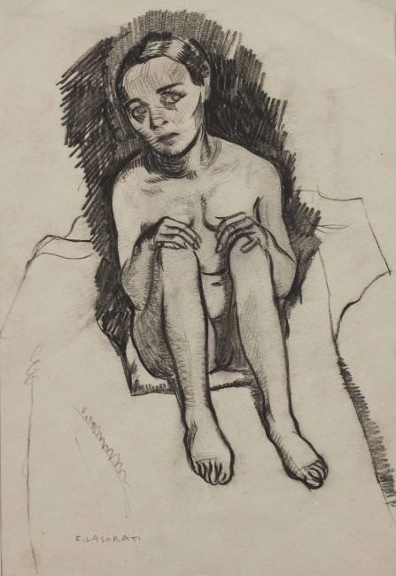 Felice Casorati, Bambina seduta a terra, (1915 c.?), carboncino su carta, legato Alberto Rossi, Torino 1956