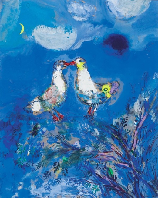 Marc Chagall, Due Piccioni, 1925, gouache, inchiostro e inchiostro di china su carta colorata blu, Collezione Privata © Chagall ®, by SIAE 2014