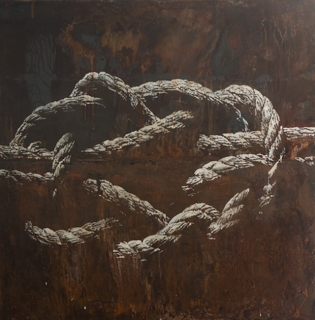 Filippo Sciascia, Il serpente e la corda, olio su ferro,  cm 240x250, 2014, courtesy dell’artista