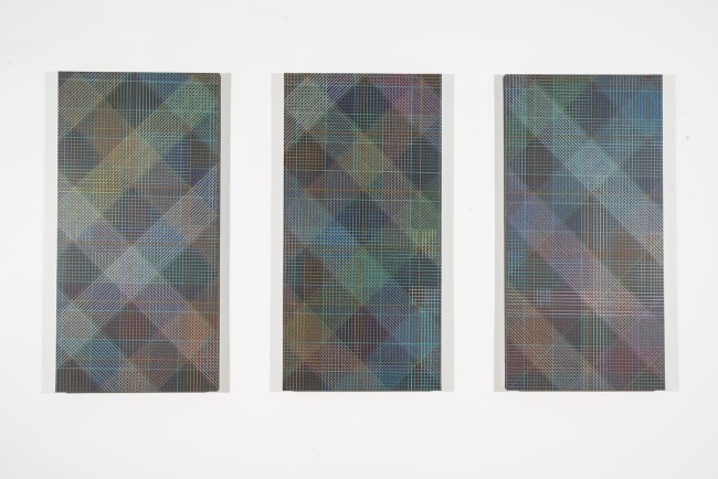 Támas Jovanovics, A Trypticon to A.S., 2015, matita e acrilico su compensato, 3 tavole da 100x50 cm ciascuna
