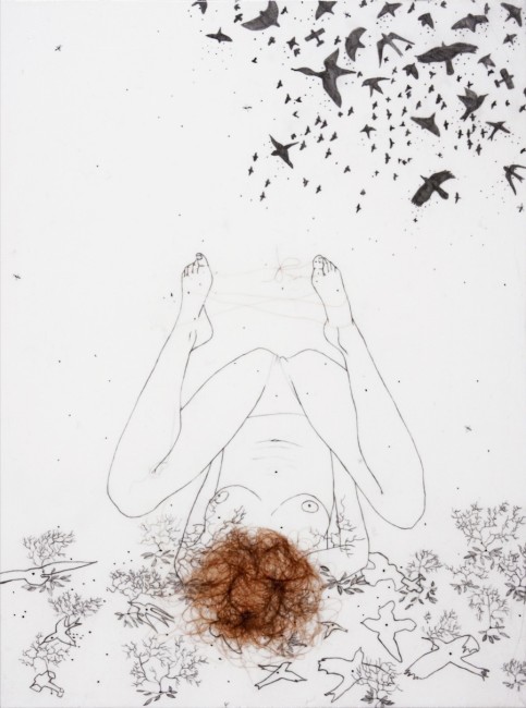 Tamara Ferioli, Light Flight, 2010, matita e capelli su carta giapponese intelata, 40x30 cm