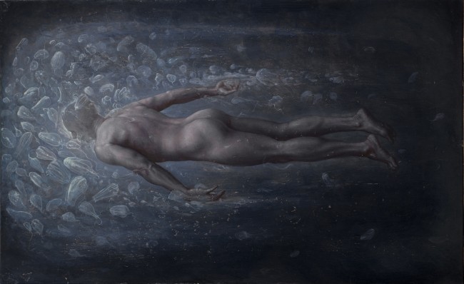 Agostino Arrivabene, Il nuotatore d'abissi, 2012, olio su lino, cm 155x250