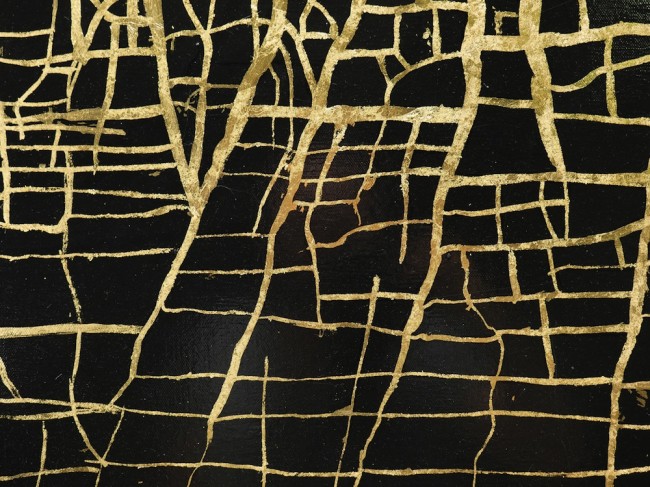 Massimiliano Galliani, Le Strade Del Tempo #2, particolare, 2013, vernice e foglie di ottone su tela, 140x210 cm