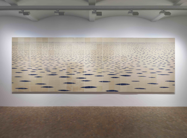 Tania Kovats, Sea Mark (2012-14) Glazed ceramic tiles on board, 9 parts 182 x 540 cm Installation view: Pippy Houldsworth Gallery, London Courtesy the artist and Pippy Houldsworth Gallery, London. Photo: Prudence Cuming Associates