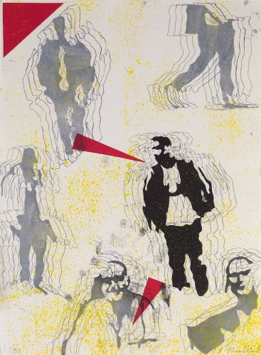 Nicola Villa, Uomo tra la folla, acquaforte e acquatinta su rame con tre lastre stampate a quattro colori, 40x30 cm