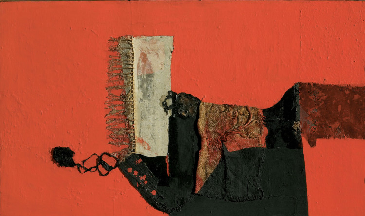 Alberto Burri (1915–1995) Rosso (1955) Oil, canvas and burlap on canvas, 59.5 x 82 cm, Courtesy Mazzoleni