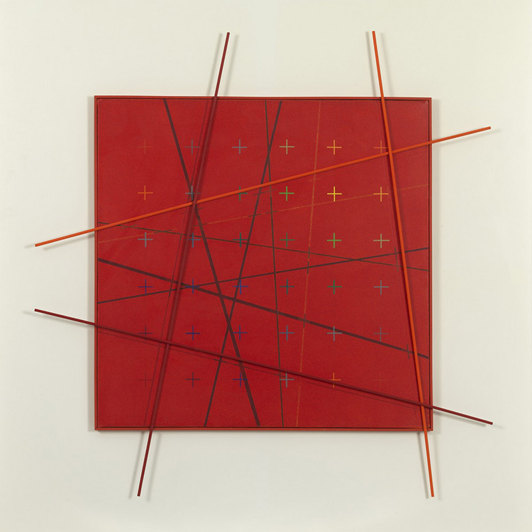 Paolo Minoli, Trasfigurato, 1983, acrilici su tela e rilievi in legno, cm. 120x120, foto Dario Lasagni