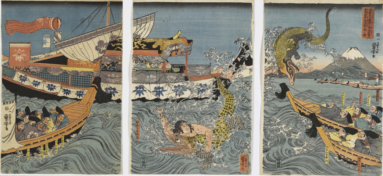 Utagawa Kuniyoshi, Asahina Yoshihide combatte con due coccodrilli nel mare nei pressi di Kamakura Kotsubo osservato da Minamoto Yoriie (Minamoto no Yoriie kō Kamakura kotsubo no umi yūran Asahina Yoshihide shiyū no wani o torau zu), 1843, silografia policroma (nishikie), 39x79.5 cm, Masao Takashima Collection
