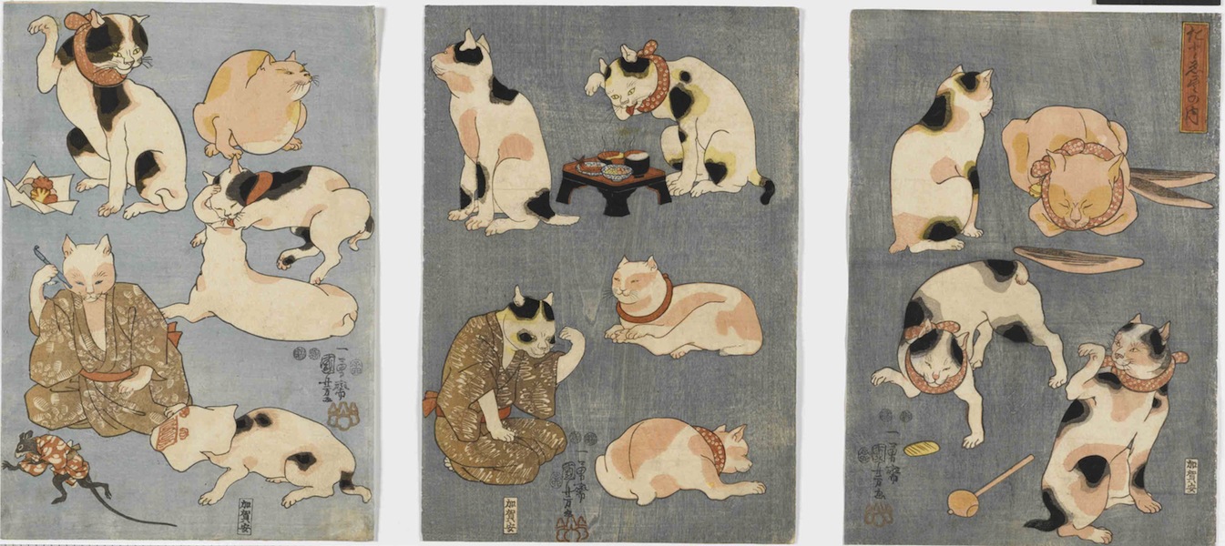 Utagawa Kuniyoshi, Proverbi illustrati [con i gatti] (Tatoe zukushi no uchi), 1852, silografia policroma (nishikie), 35.2x24.4; 35.2x24.6; 35.3x24.5 cm ciascuno, Masao Takashima Collection