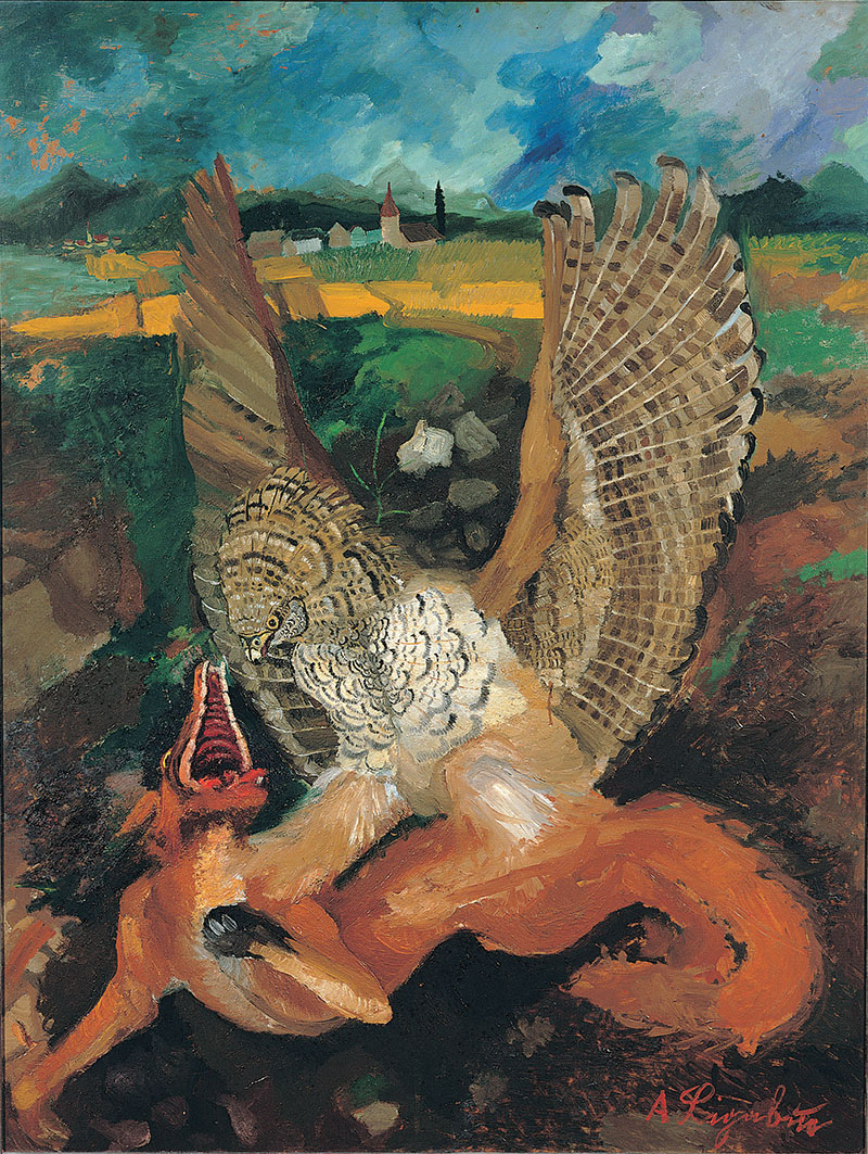 Antonio Ligabue, Aquila con volpe, s.d. (1949-1950), olio su tavola di faesite, 144 x 109 cm Gualtieri (Reggio Emilia), collezione privata